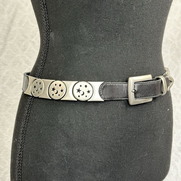 Suzi Roher Leather Stretch Belt Small Black Celestial Sun Moon Stars 90s Grunge - Picture 1 of 9